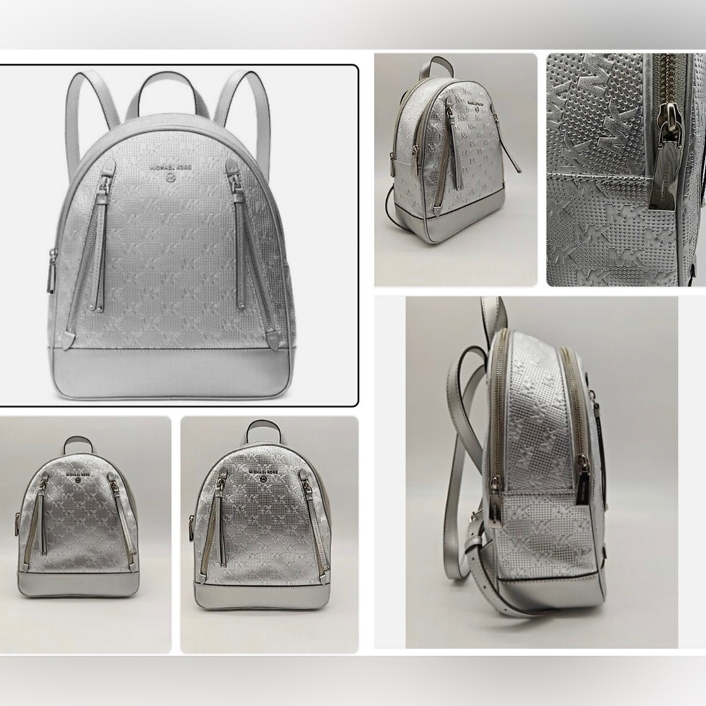 MICHAEL KORS Brooklyn faux-leather metallic women's medium backpack - SILVER NWT